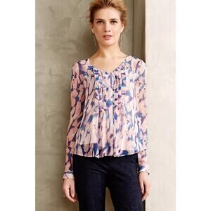 Anthropologie Maeve Pink Painted Sheer Silk Blouse Womens Size 12 Pleated Top